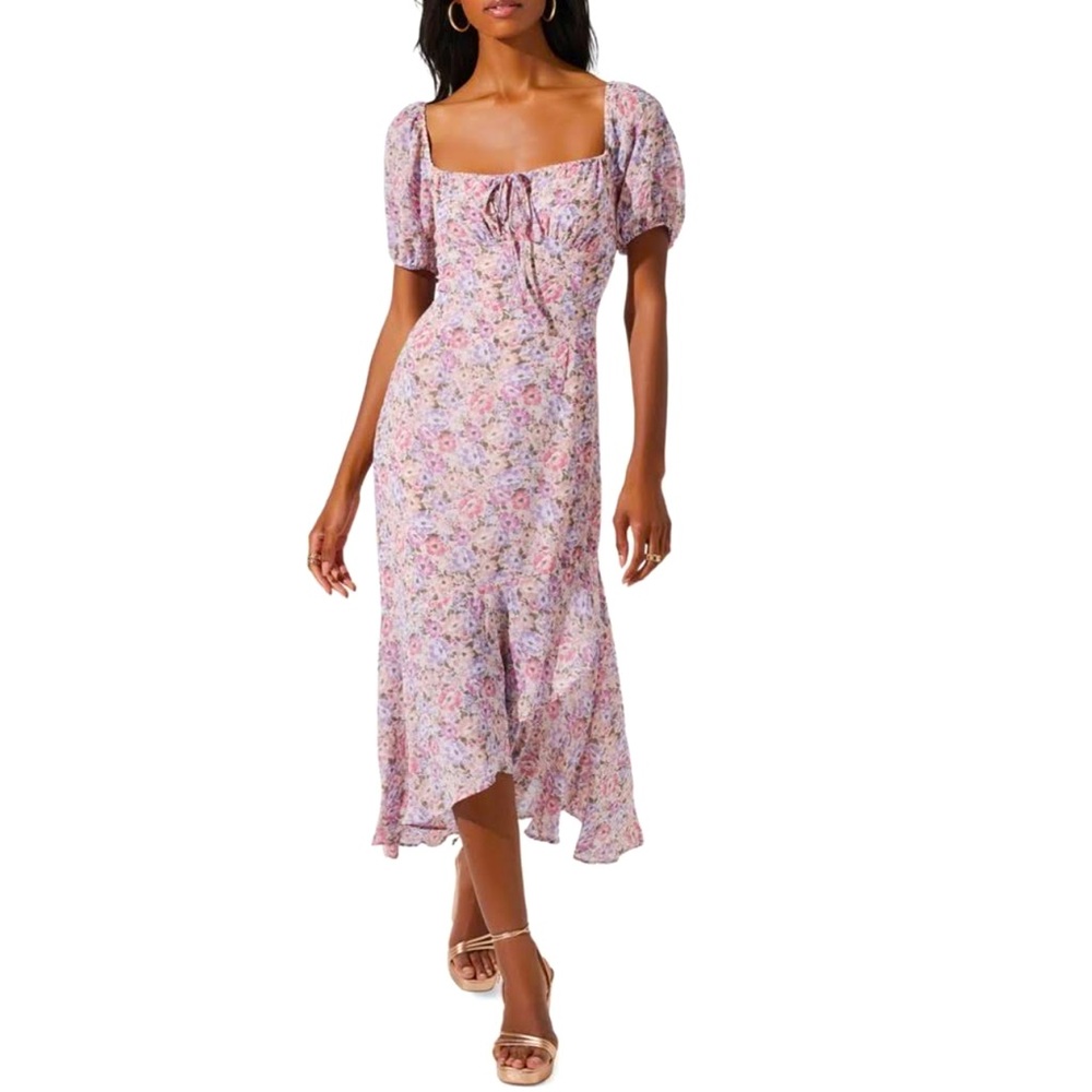 ASTR the Label Bow Tie Ruffle Dress Pink Purple Floral